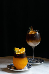 orange coffee and coconut coffee with black background,Space for text