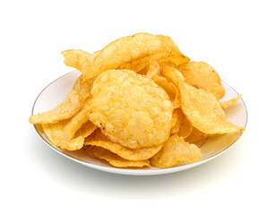 The image of the potato chips isolated in white plate on white