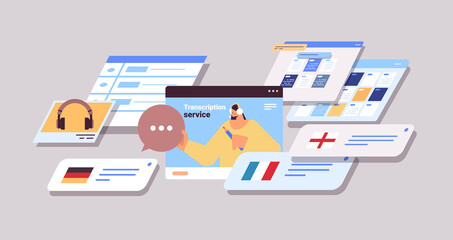 woman transcriptionist in headphones transcription service internet networking concept horizontal portrait