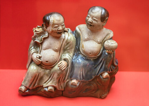 Chinese sculpture "Two laughing  immortal twins Hehe" of the 19th century