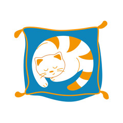 A cartoon cat is lying on a pillow. The pet is resting. Vector illustration in a flat style. A character for packaging design, print, poster, postcard.