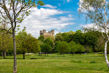 Fototapeta na wymiar Rochester Castle in Kent viewed from one of the parks in the city