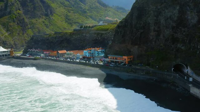 Madeira, S&atilde;o Vicente - is a municipality along the north-west coast of the island. Aerial view  of the coastline with the ocean waves 