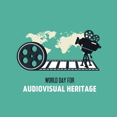 Old movie camera and film tape roll show a piece of history about lives and cultures from all over the world. World day for audiovisual heritage concept.