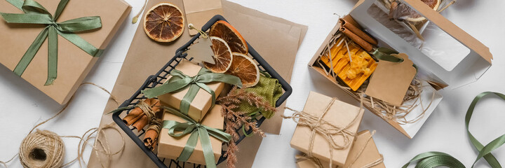 Christmas gift. gift box,zero waste, eco friendly hand made box packaging gifts in kraft paper  table, eco christmas holiday concept, Christmas gift wrapping,eco decor banner