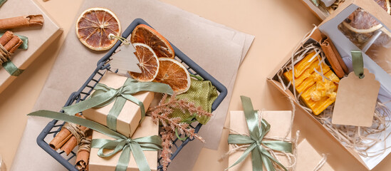 Christmas gift. gift box,zero waste, eco friendly hand made box packaging gifts in kraft paper  table, eco christmas holiday concept, Christmas gift wrapping,eco decor banner