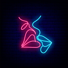 Man and woman kiss neon sign on brick wall background. Happy Valentine day. One line drawing. Vector illustration