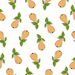 Seamless pattern with yellow pear on white background. Summer fruit vector illustration