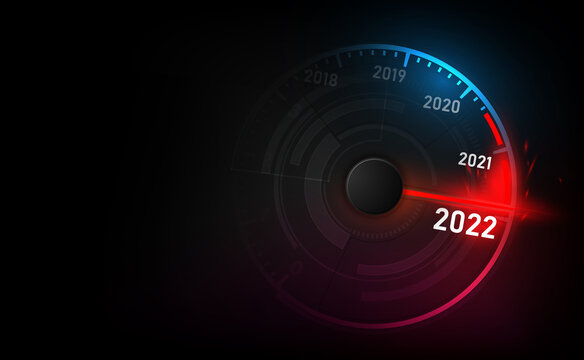 New year 2022 car speedometer, red indicator on black blur background