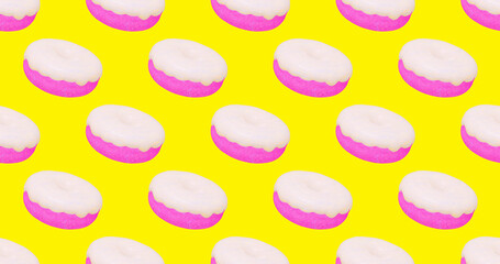 Seamless 3d render pattern. Banner.Minimal design.  Donuts, sweet candy shop, party concept