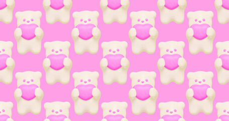 Seamless 3d render pattern. Banner. Minimal design.  Teddy bear cookies sweet candy shop, valentines day, birthday party concept