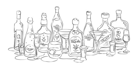 Group of bottles and glasses vodka, champagne, whiskey, vermouth, tequila, martini, rum, liquor in...