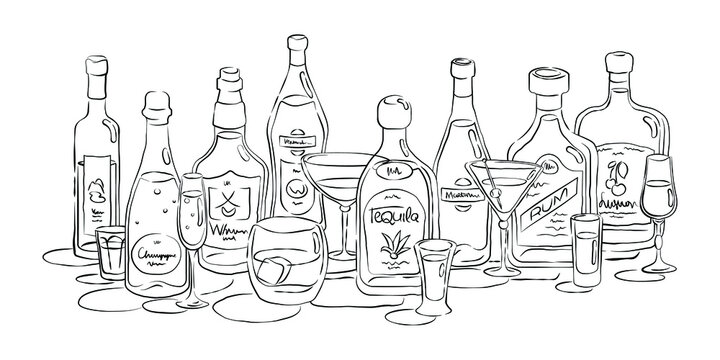 Group of bottles and glasses vodka, champagne, whiskey, vermouth, tequila, martini, rum, liquor in hand drawn style. Beverage outline icon. Line art sketch. Black contour object on white background