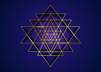 Sri Yantra, Gold Sacred geometry, symbol of Hindu tantra formed by nine interlocking triangles that radiate out from the central point. Alchemy Mandala line art sign vector isolated on blue background