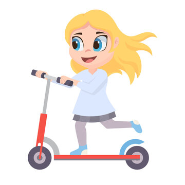 Girl play ride kick scooter vector illustration