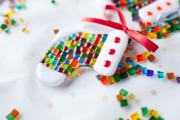 glass toys made of stained glass using fusing technique, christmas decor