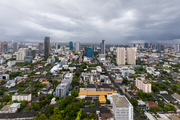 BANGKOK,THAILAND-SEPTEMBER 22, 2021 : The cityscape view at Sukumvit road area which is the main business and shopping area at Ekkamai view point on SEPTEMBER 22, 2021 in Bangkok,Thailand