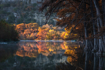 Landscapes of Texas Hill Country in the fall, autumn, season changing, outdoors, river, camping - obrazy, fototapety, plakaty