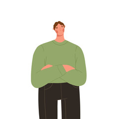 Portrait of young sad man in casual outfit with crossed arms. Upset male character standing isolated on white background. Cartoon flat vector illustration.