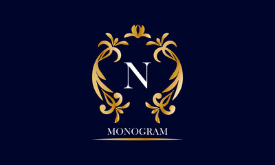 Golden elegant monogram on a black background with the inscription and the letter N in white. Vector heraldic illustration. Luxury ornament sign, restaurant, boutique, cafe, hotel