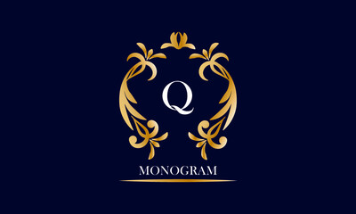Golden elegant monogram on a black background with the inscription and the letter Q in white. Vector heraldic illustration. Luxury ornament sign, restaurant, boutique, cafe, hotel