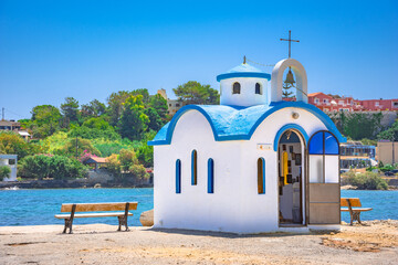 The pictorial small church of Agios Dionisos at the harbor of Kalamaki village, near Cania, Crete,...