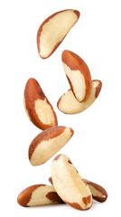 Brazil nuts are falling on a white background. Isolated