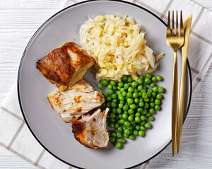 Roasted pork and sauerkraut, top view, close-up