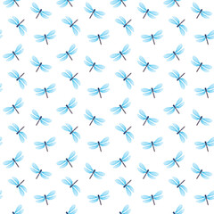 Obraz na płótnie Canvas Seamless pattern with blue dragonflies on a white background. Delicate pastel pattern with insects. Raster watercolor illustrations in a realistic style. Pastel print.