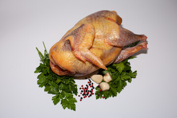 Guinea fowl meat with greens and spices. Organic delicious guinea fowl meat