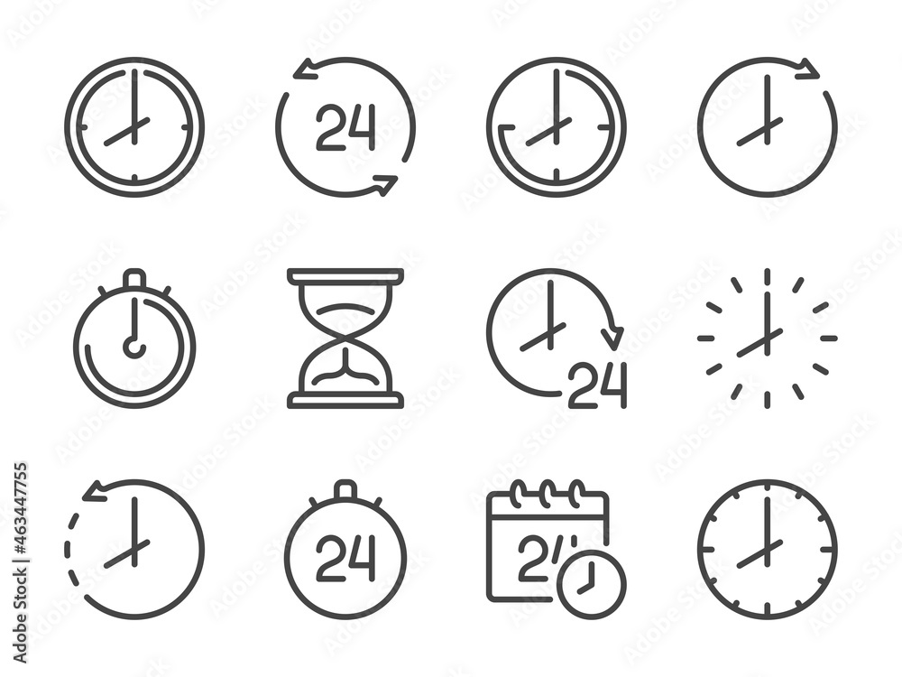 Poster time and clock line icons. time measurement and countdown vector outline icon set.