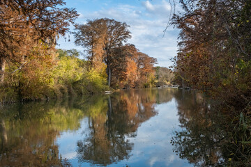 Fototapeta na wymiar Landscapes of Texas Hill Country in the fall, autumn, season changing, outdoors, river, camping