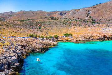 Amazing rocky beach of Ombros Gialos, Chania, Crete, Greece.