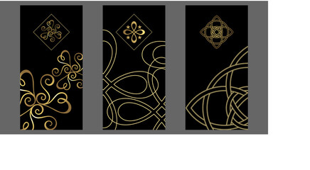3 logos de forme géométriques et abstraites, utilisés en fond pour des couvertures de flyers luxueux et raffinés.