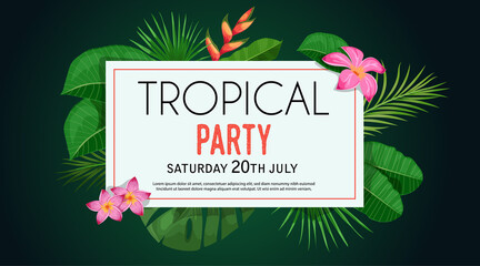 Tropical banner design template. Dark green theme with white frame. Palm, monstera leaves, tropical exotic flowers. Best for invitations, flyers, party posters. Vector illustration.