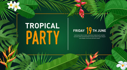 Tropical banner design template. Dark green theme with orange thin frame. Palm, monstera leaves, tropical exotic flowers. Best for invitations, flyers, party posters. Vector illustration.