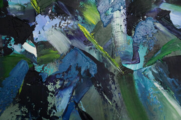 Green bright acrylic texture, with thick strokes. Blue, white, yellow, bright