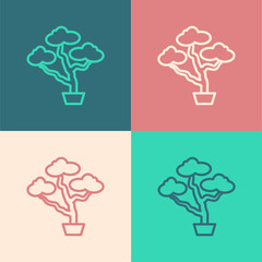 Pop art line Japanese bonsai tree icon isolated on color background. Japanese culture, horticulture, olericulture hobby concept. Vector