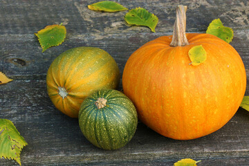 Colorful pumpkins decorated with fall leaves on an old wooden table.