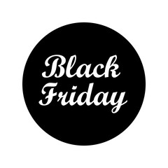 Black Friday Sale badge with lettering and black circle and white background for logo, banners, labels, posters, presentation. Vector