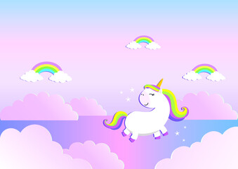 Cute cartoon unicorn flying in colorful sky with clouds and rainbows. 