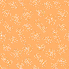 Hand-Drawn Gifts. Seamless vector pattern in doodle style. Illustration for fabric, packaging, paper. Pastel peach color.