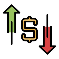 Dollar up and down arrows icon. Outline dollar up and down arrows vector icon color flat isolated
