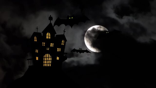 Frightening castle silhouette and bats on full moon in dark clouds background. Dark gloomy house with bats on halloween full moon on black sky