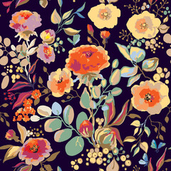 Seamless watercolor pattern with pink peonies and roses on dark blue background, Vector Illustration on a light background. Trendy floral texture, print