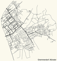 Detailed navigation urban street roads map on vintage beige background of the quarter Gremmendorf district of the German capital city of Münster-Muenster, Germany