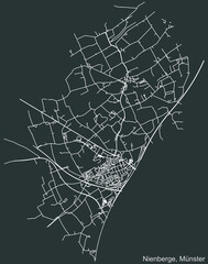 Detailed negative navigation urban street roads map on dark gray background of the quarter Nienberge district of the German capital city of Münster-Muenster, Germany
