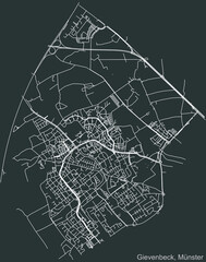 Detailed negative navigation urban street roads map on dark gray background of the quarter Gievenbeck district of the German capital city of Münster-Muenster, Germany