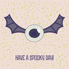 Vector hand drawn halloween card with monster character - eye with wings - vector illustration, eps stock illustration