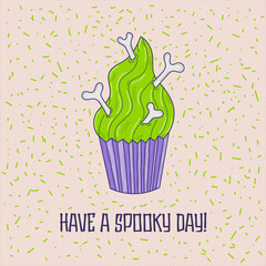 Vector hand drawn halloween card with spooky cupcake with bones - vector illustration, eps stock illustration